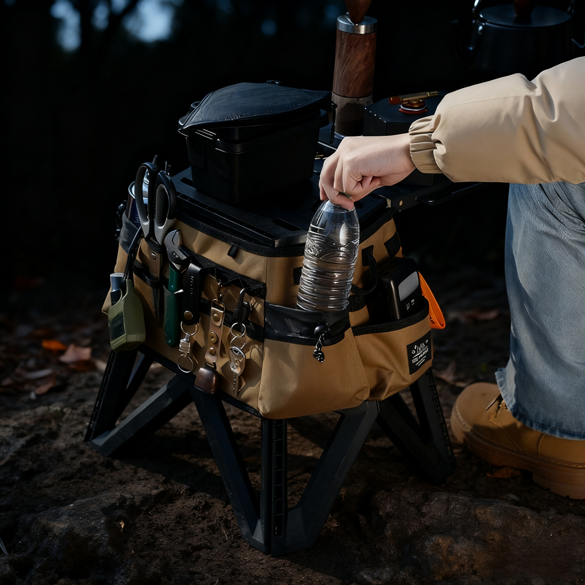 Durable tool bag attached to folding seat