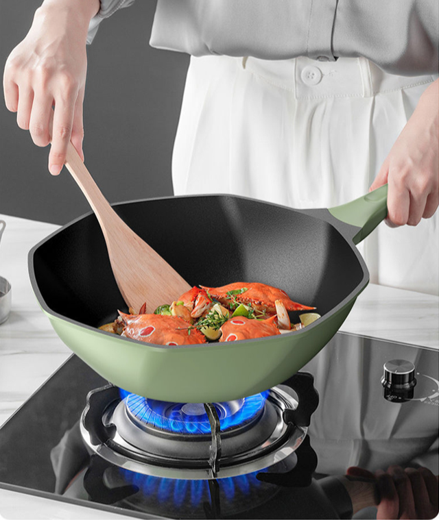 Close-up of octagonal non-stick volcanic rock cooking pot