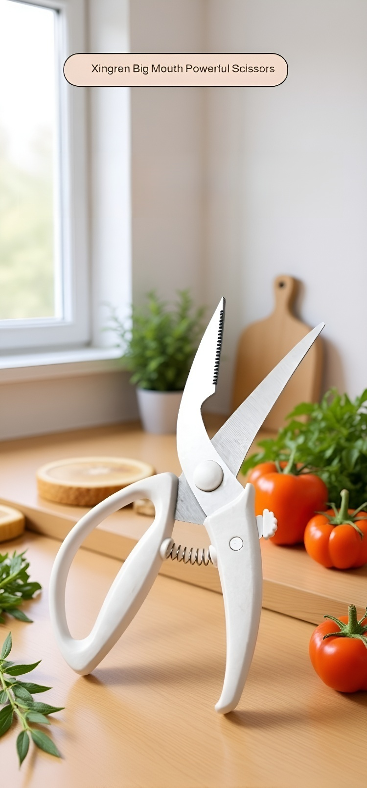 Close-up of stainless steel blades on heavy-duty chicken bone scissors