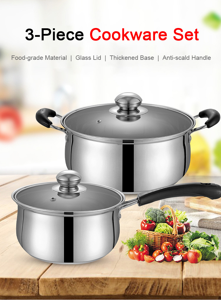 3-piece stainless steel cookware set displayed on kitchen counter