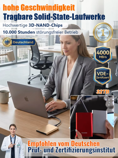 32TB High-Speed SSD Pro Edition | 4000MB/s Übertragungsrate | VDE-Konform | Robustes AluminiumgehäuseIP54 | 10 Jahre Herstellergarantie 🚀🛡️