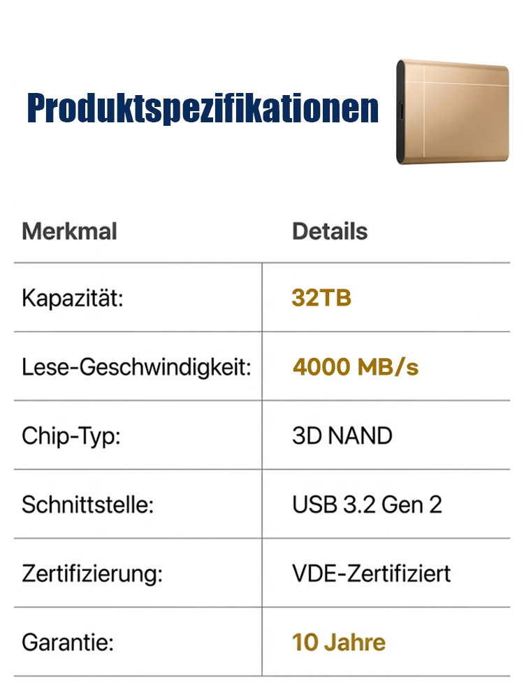32TB High-Speed SSD Pro Edition | 4000MB/s Übertragungsrate | VDE-Konform | Robustes AluminiumgehäuseIP54 | 10 Jahre Herstellergarantie 🚀🛡️