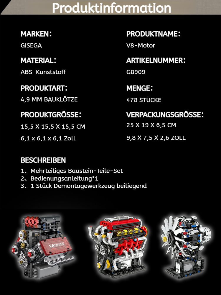 🏎️ GISECA Technik V8 Motor Bausatz | Realistisches Funktionsmodell mit E-Motor | MINT Lernspielzeug | 478 Teile | Metalloptik 🛠️