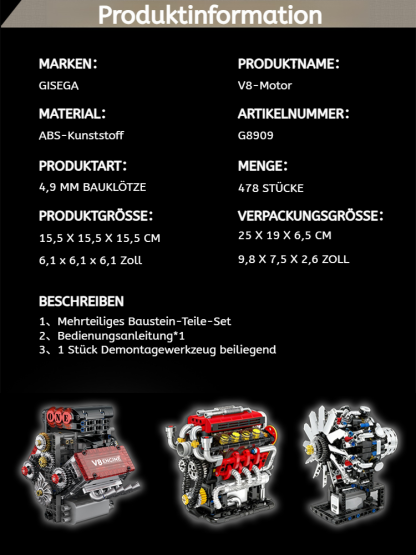 🏎️ GISECA Technik V8 Motor Bausatz | Realistisches Funktionsmodell mit E-Motor | MINT Lernspielzeug | 478 Teile | Metalloptik 🛠️