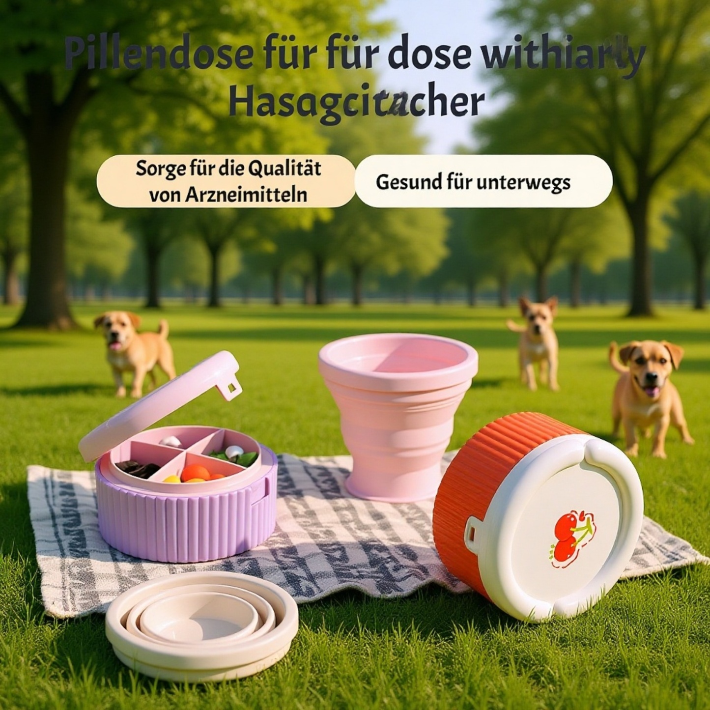 【Mit integriertem Trinkbecher】Tragbare Medikamentenbox mit Fächern