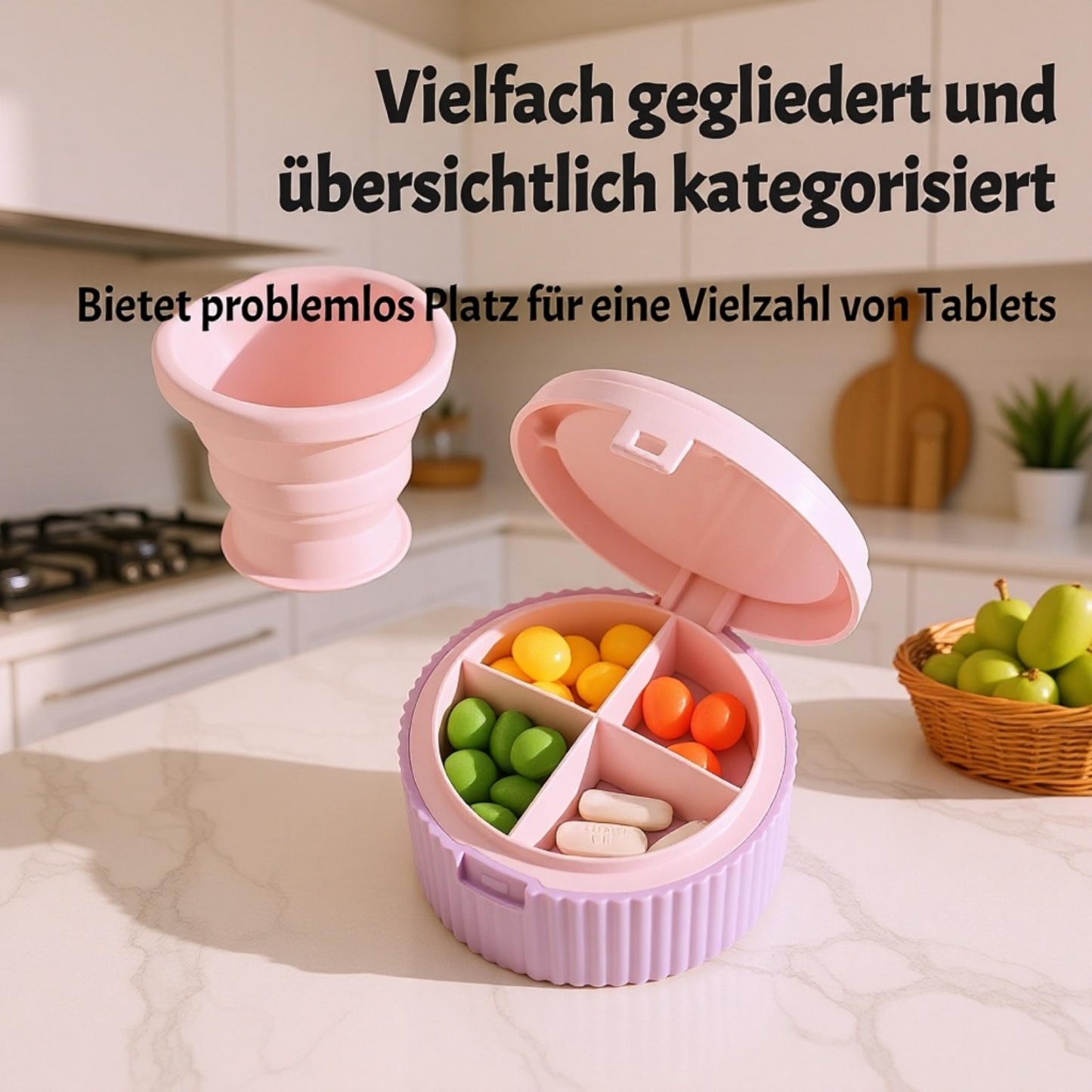 【Mit integriertem Trinkbecher】Tragbare Medikamentenbox mit Fächern