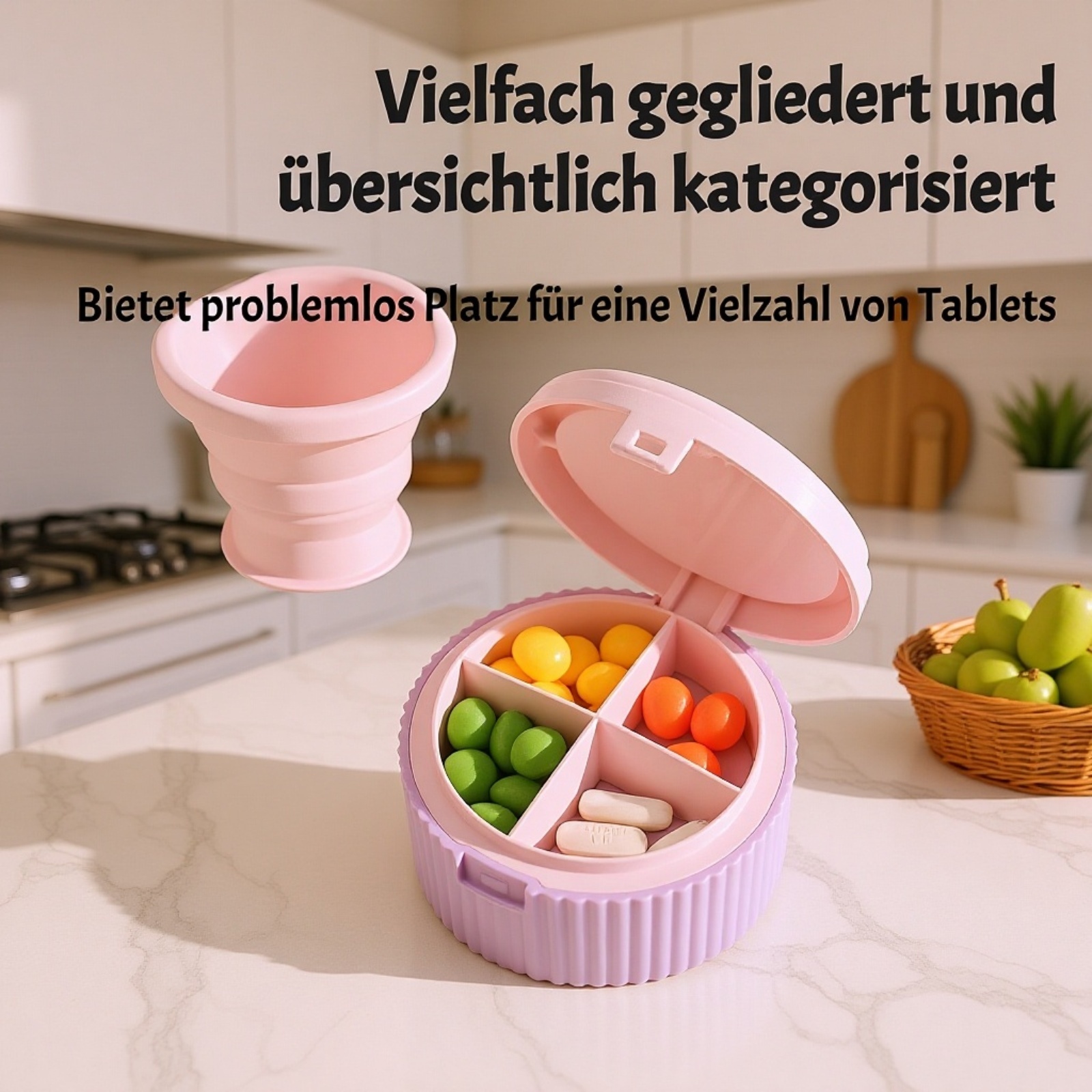 【Mit integriertem Trinkbecher】Tragbare Medikamentenbox mit Fächern