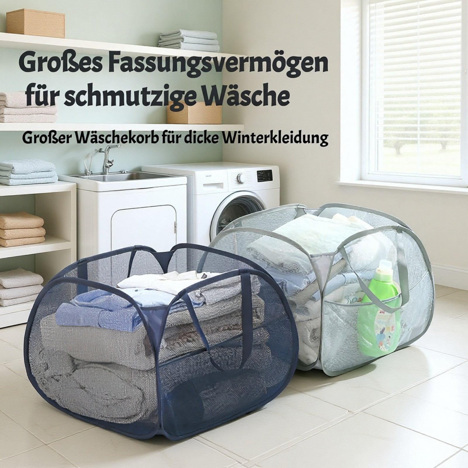 Großer faltbarer Wäschekorb mit viel Stauraum in moderner Optik