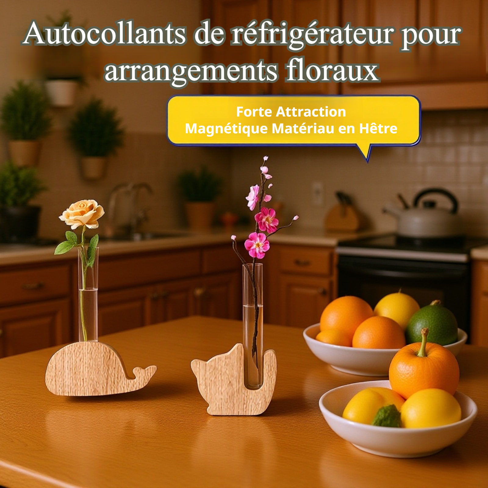 Vase magnétique en tube à essai en bois naturel pour réfrigérateur