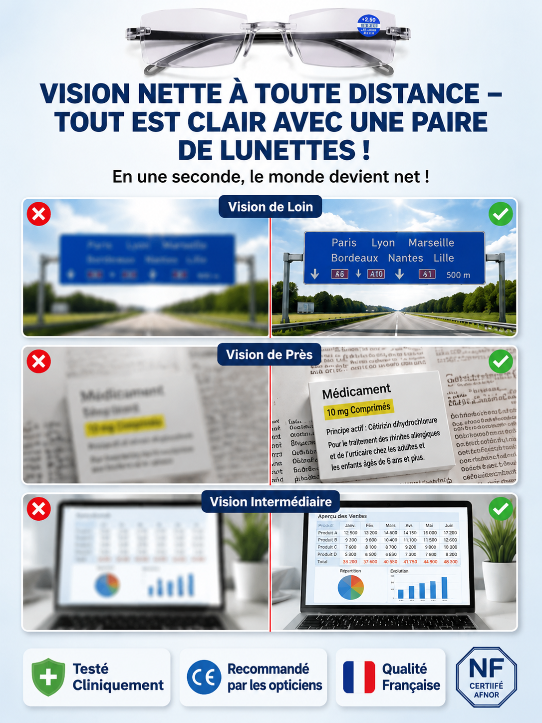 【 Révolution Optique 】Lunettes Intelligentes 3-en-1🔥Technologie Allemande & Anti-UV | Aucun examen de la vue requis | Lunettes progressives autofocus 0,01s🧬 | +1,00 à +7,00 dioptries, réglage continu lecture/conduite👓