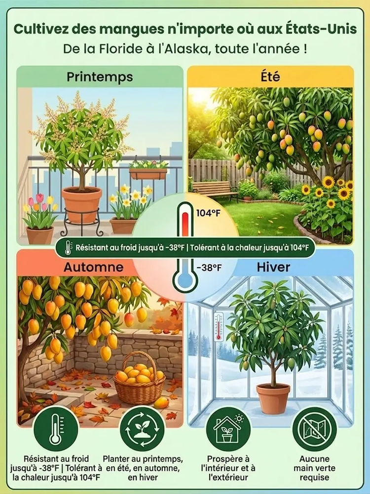 【Garantie de Reprise à100%】Manguier Nain Alphonso – Développé par l’INRAE 🥭Récolte express en août ✨ Résistant au froid extrême jusqu’à -20 °C ❄️ Facile à cultiver sur balcon, même pour les débutants ✨