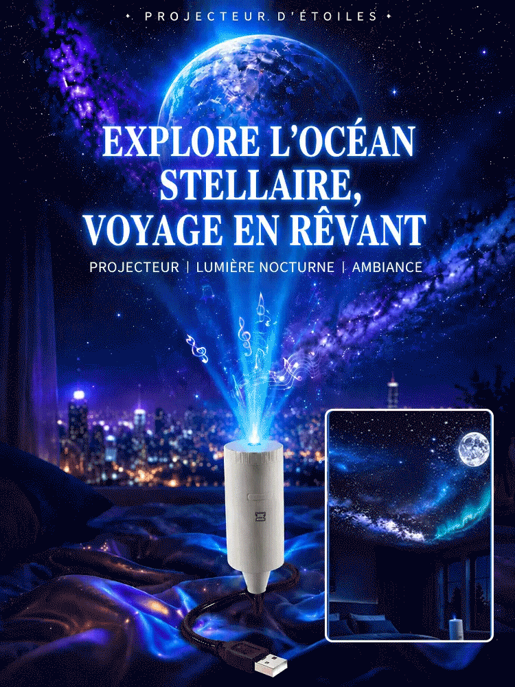 【Recommandé par les Optométristes】Projecteur Océan HD Institut d'Optique🔬 | Zéro Lumière Bleue👁️ | Branchement USB Facile✨ | Ajustable à 360°🐬 | 15 scènes océaniques et célestes🌌 | | Installation zéro effort