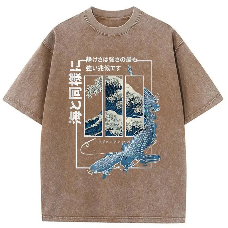 Ukiyoe Waves And Fish Washed Vintage T-Shirt