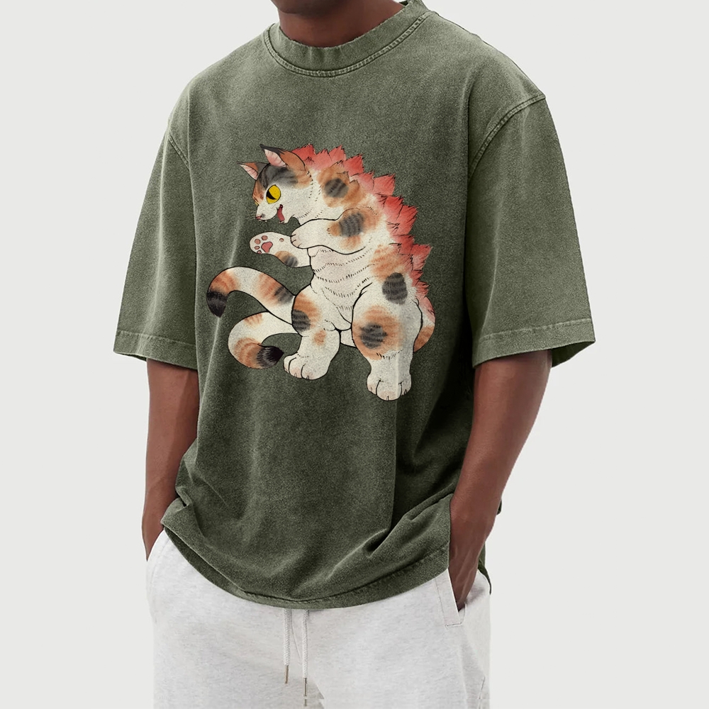 Godzilla Cat Washed Vintage Short Sleeves T-Shirt
