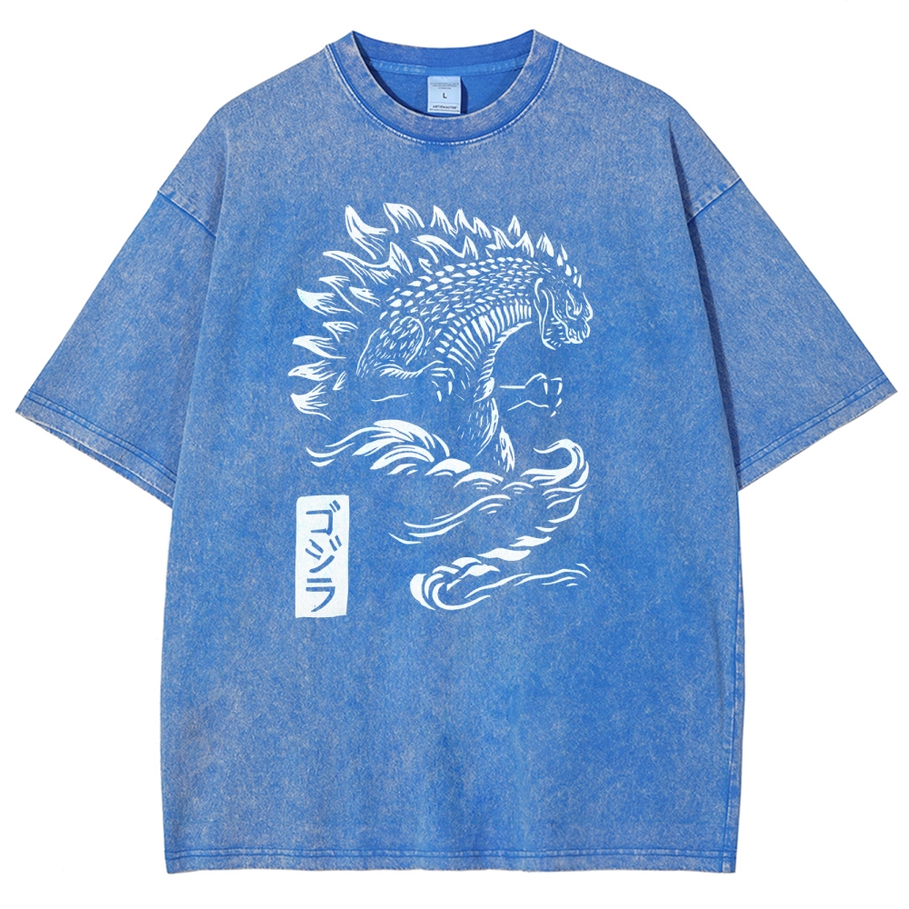 Godzilla Pattern Washed Vintage Short Sleeves T-Shirt