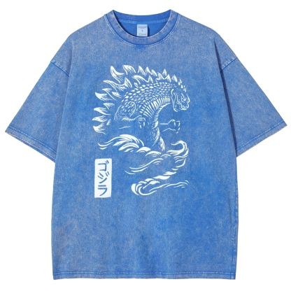 Godzilla Pattern Washed Vintage Short Sleeves T-Shirt