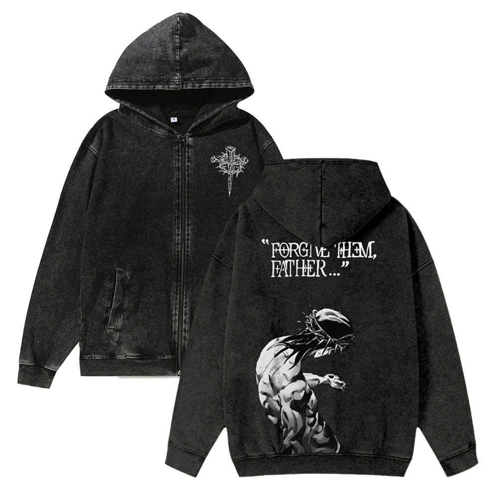 Unisex  Forgive Them Father Washed Cotton Zipper Hooded Sweatshirt