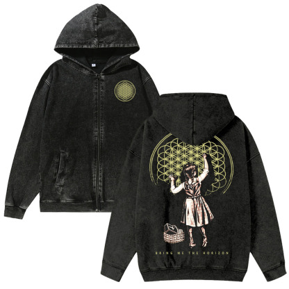 Unisex BMTH Washed Cotton Zipper Hooded Sweatshirt