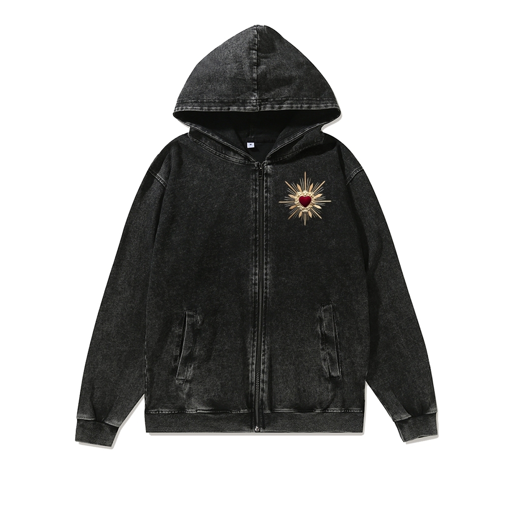 Unisex Holy Mary Washed Cotton Zipper Hooded Sweatshirt