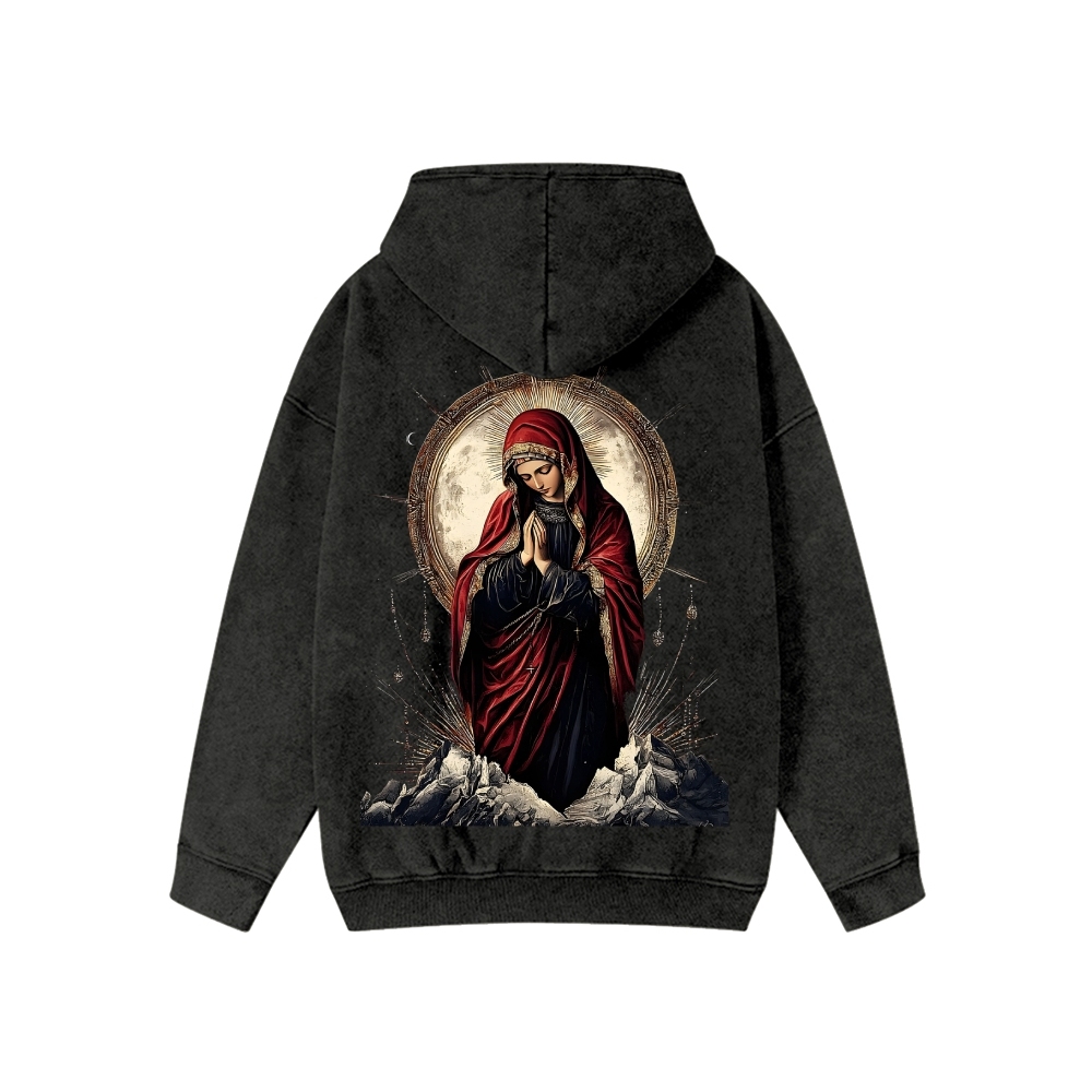 Unisex Holy Mary Washed Cotton Zipper Hooded Sweatshirt