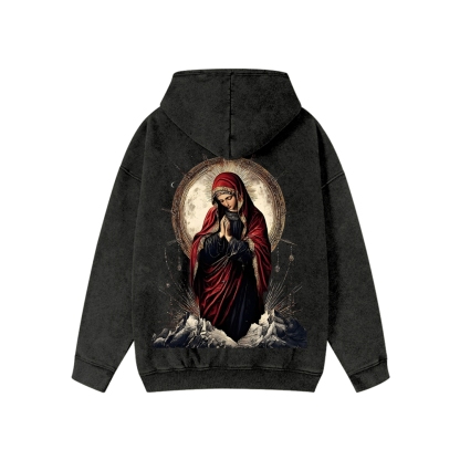 Unisex Holy Mary Washed Cotton Zipper Hooded Sweatshirt