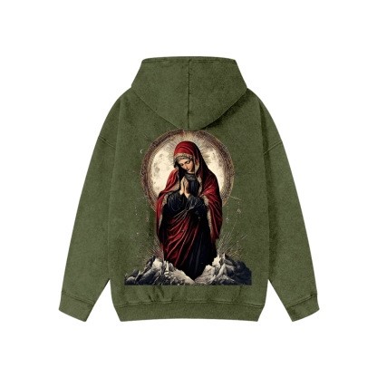 Unisex Holy Mary Washed Cotton Zipper Hooded Sweatshirt