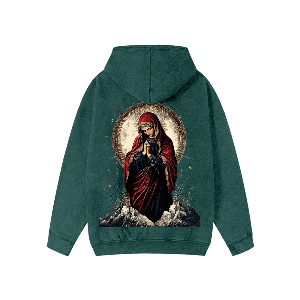 Unisex Holy Mary Washed Cotton Zipper Hooded Sweatshirt