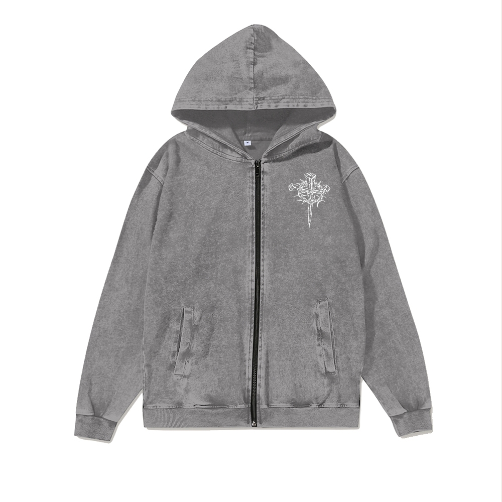 Unisex  Forgive Them Father Washed Cotton Zipper Hooded Sweatshirt