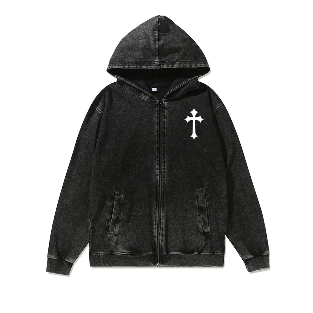 Unisex Angel Knight Washed Cotton Zipper Hooded Sweatshirt