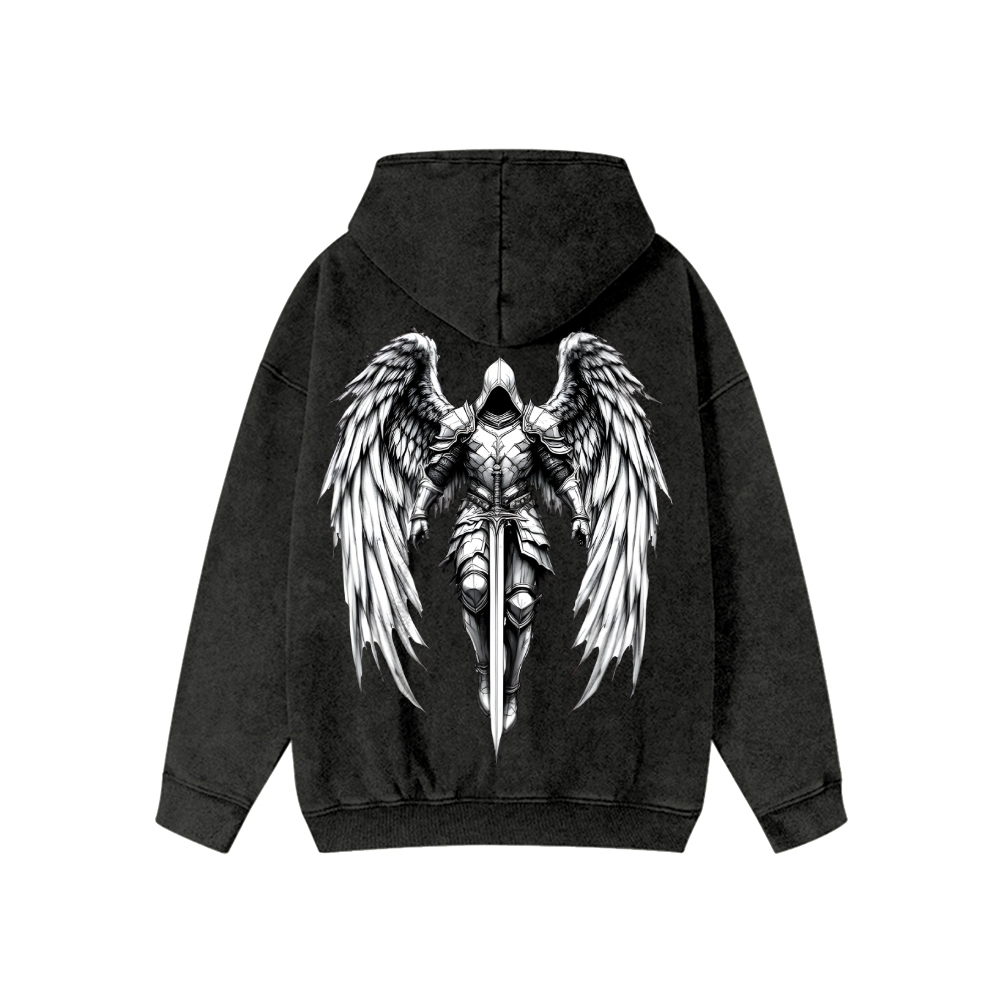 Unisex Angel Knight Washed Cotton Zipper Hooded Sweatshirt