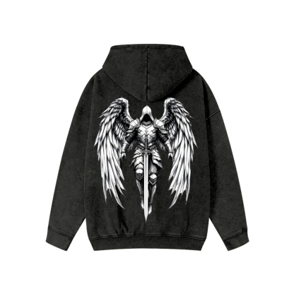 Unisex Angel Knight Washed Cotton Zipper Hooded Sweatshirt