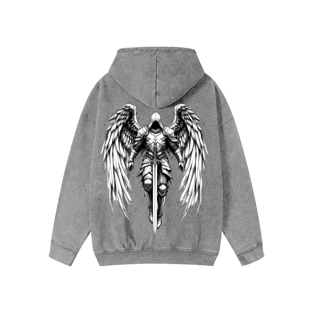 Unisex Angel Knight Washed Cotton Zipper Hooded Sweatshirt