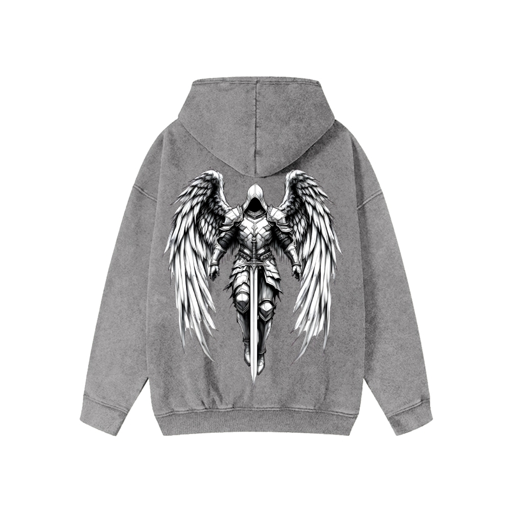 Unisex Angel Knight Washed Cotton Zipper Hooded Sweatshirt
