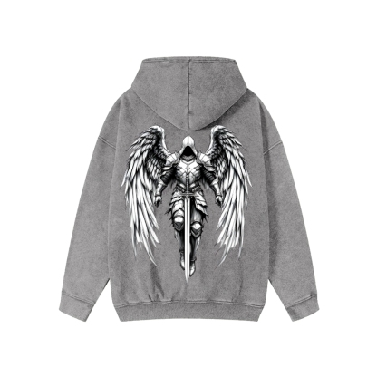 Unisex Angel Knight Washed Cotton Zipper Hooded Sweatshirt