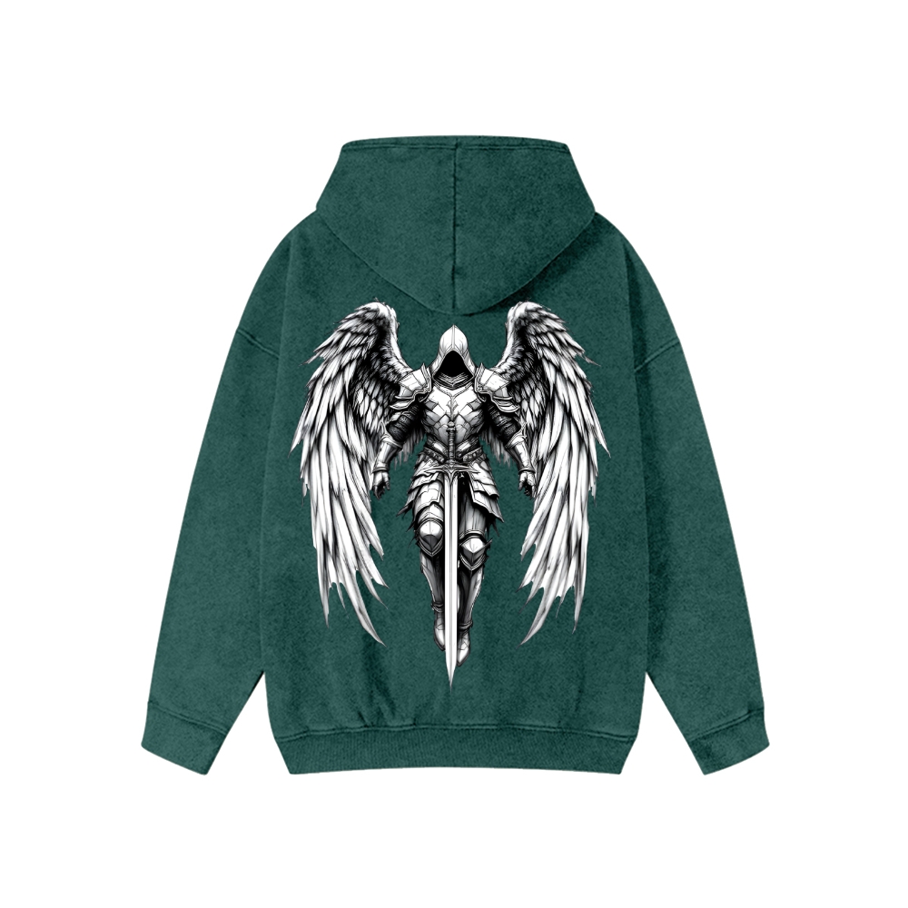 Unisex Angel Knight Washed Cotton Zipper Hooded Sweatshirt