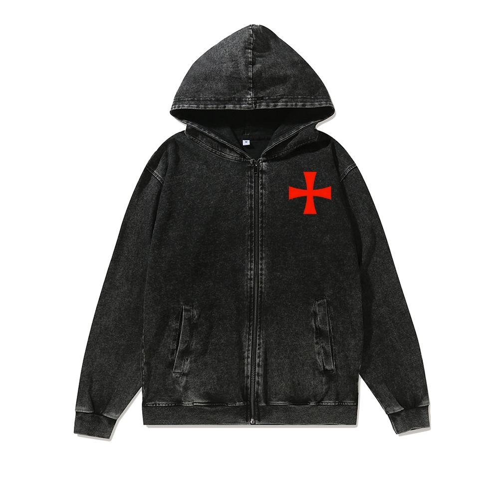 Unisex Crusader Knight Washed Cotton Zipper Hooded Sweatshirt