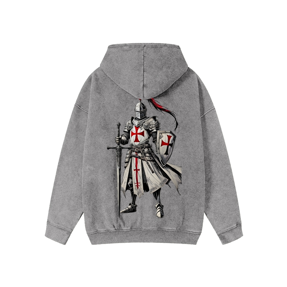 Unisex Crusader Knight Washed Cotton Zipper Hooded Sweatshirt