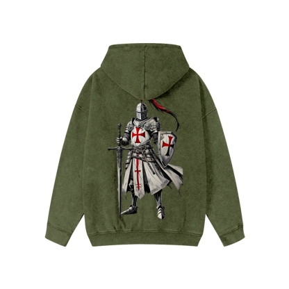 Unisex Crusader Knight Washed Cotton Zipper Hooded Sweatshirt