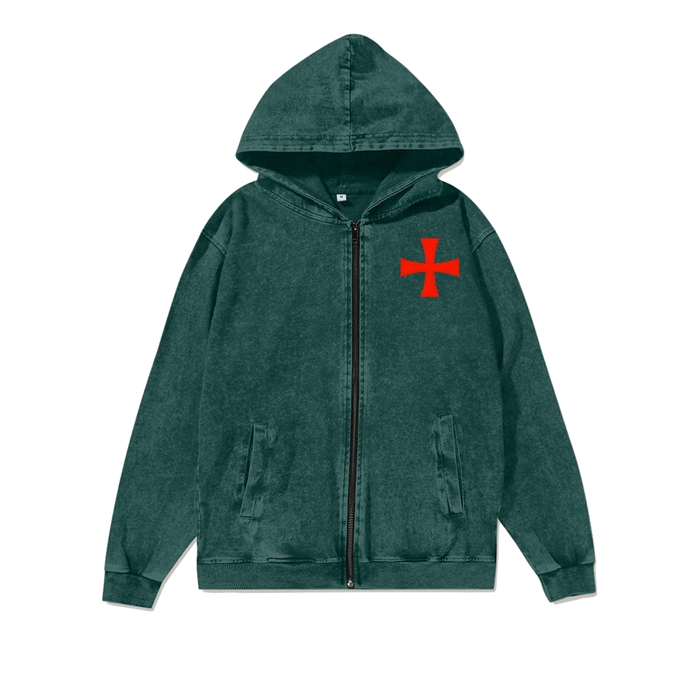 Unisex Crusader Knight Washed Cotton Zipper Hooded Sweatshirt
