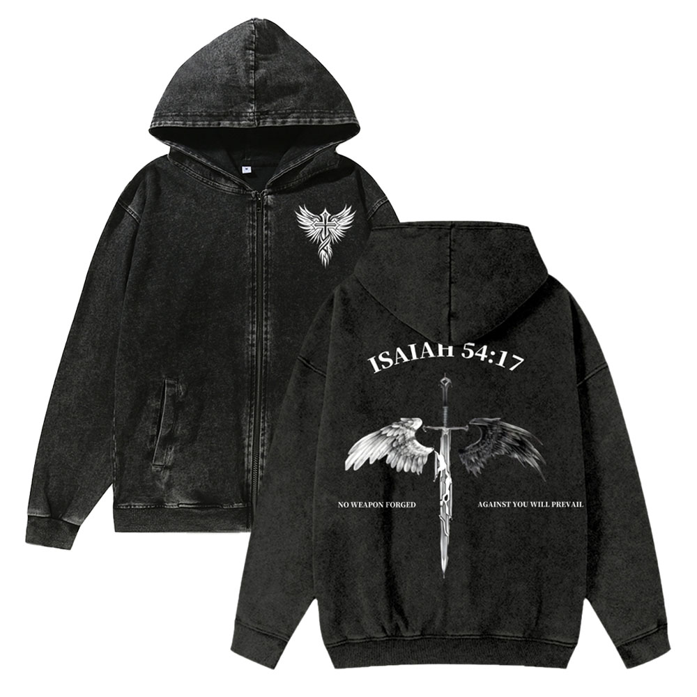 Unisex No Weapon Forged Against You Will Prevail Washed Cotton Zipper Hooded Sweatshirt