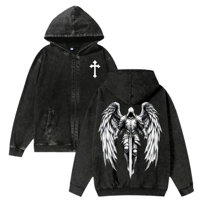Unisex Angel Knight Washed Cotton Zipper Hooded Sweatshirt