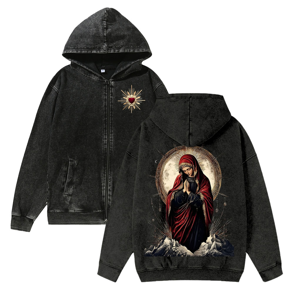 Unisex Holy Mary Washed Cotton Zipper Hooded Sweatshirt