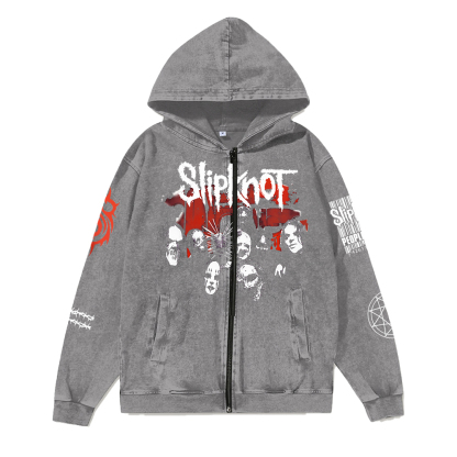 Unisex Vintage SlipKnot Band Washed Cotton Zipper Hooded Sweatshirt