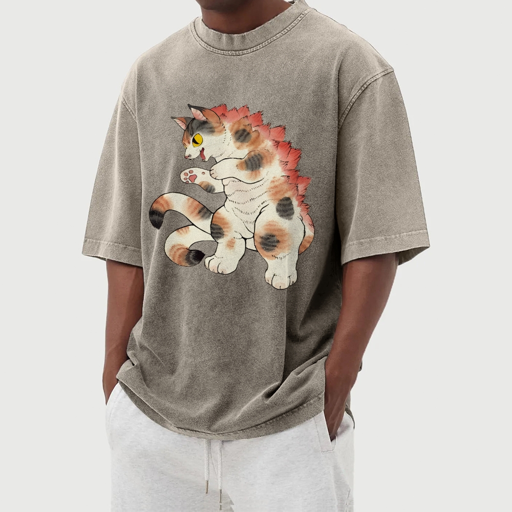 Godzilla Cat Washed Vintage Short Sleeves T-Shirt