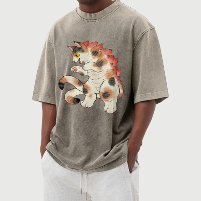 Godzilla Cat Washed Vintage Short Sleeves T-Shirt