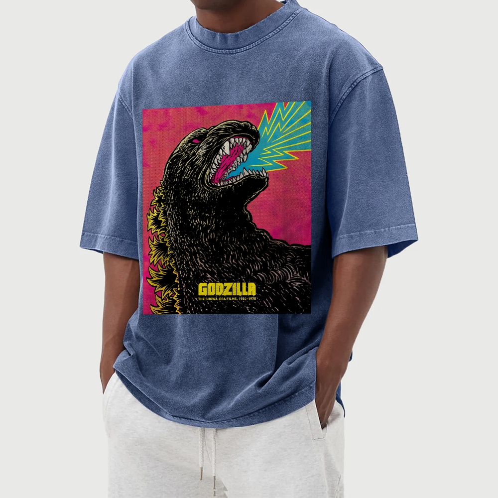 The Angry Godzilla Pattern Washed Vintage Short Sleeves T-Shirt