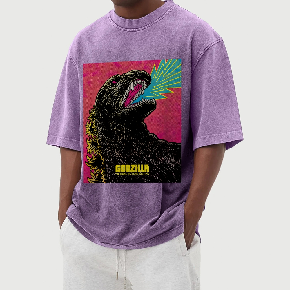 The Angry Godzilla Pattern Washed Vintage Short Sleeves T-Shirt