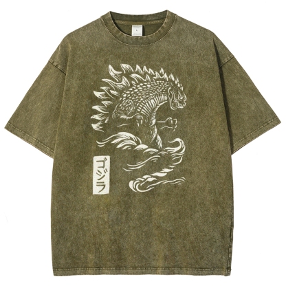 Godzilla Pattern Washed Vintage Short Sleeves T-Shirt