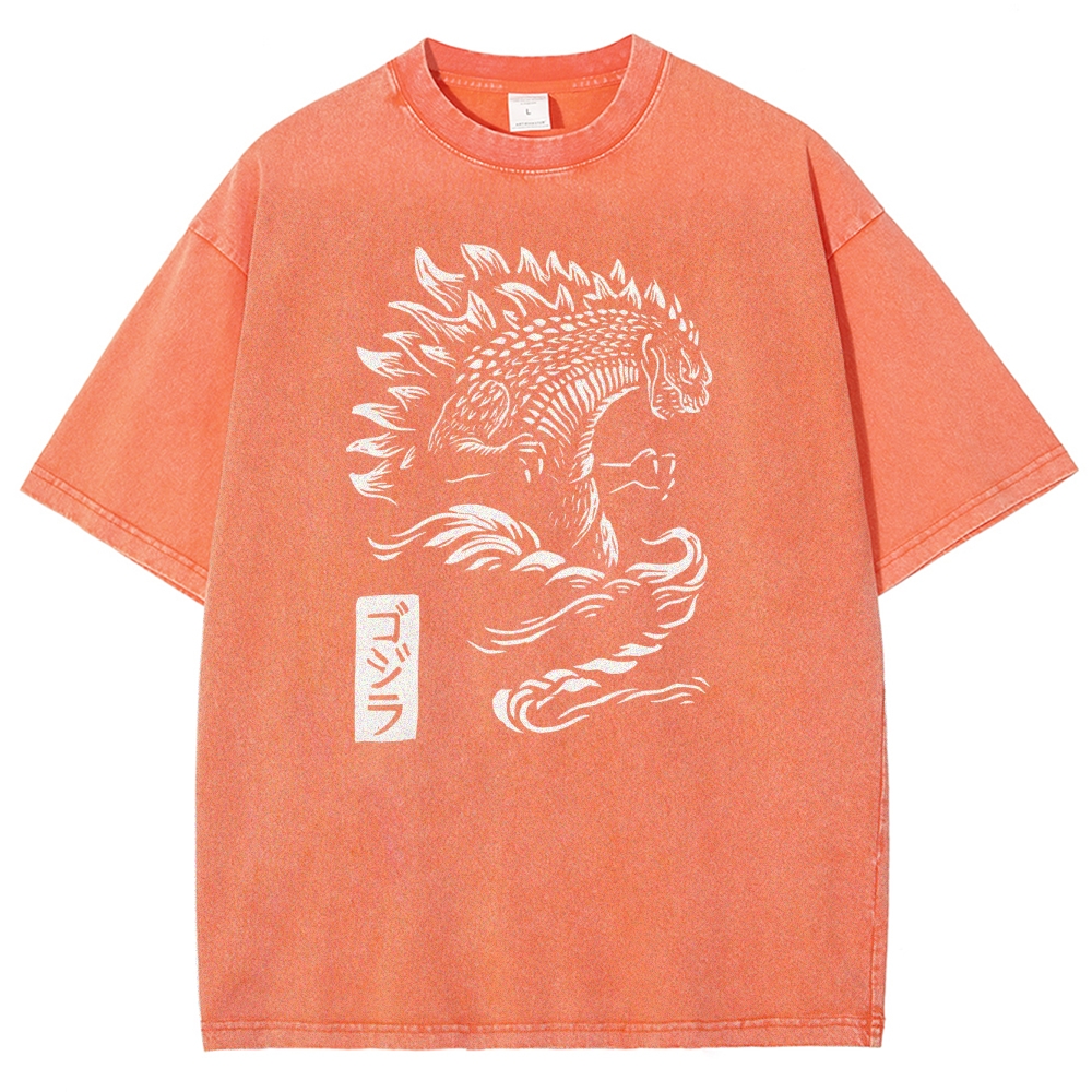 Godzilla Pattern Washed Vintage Short Sleeves T-Shirt