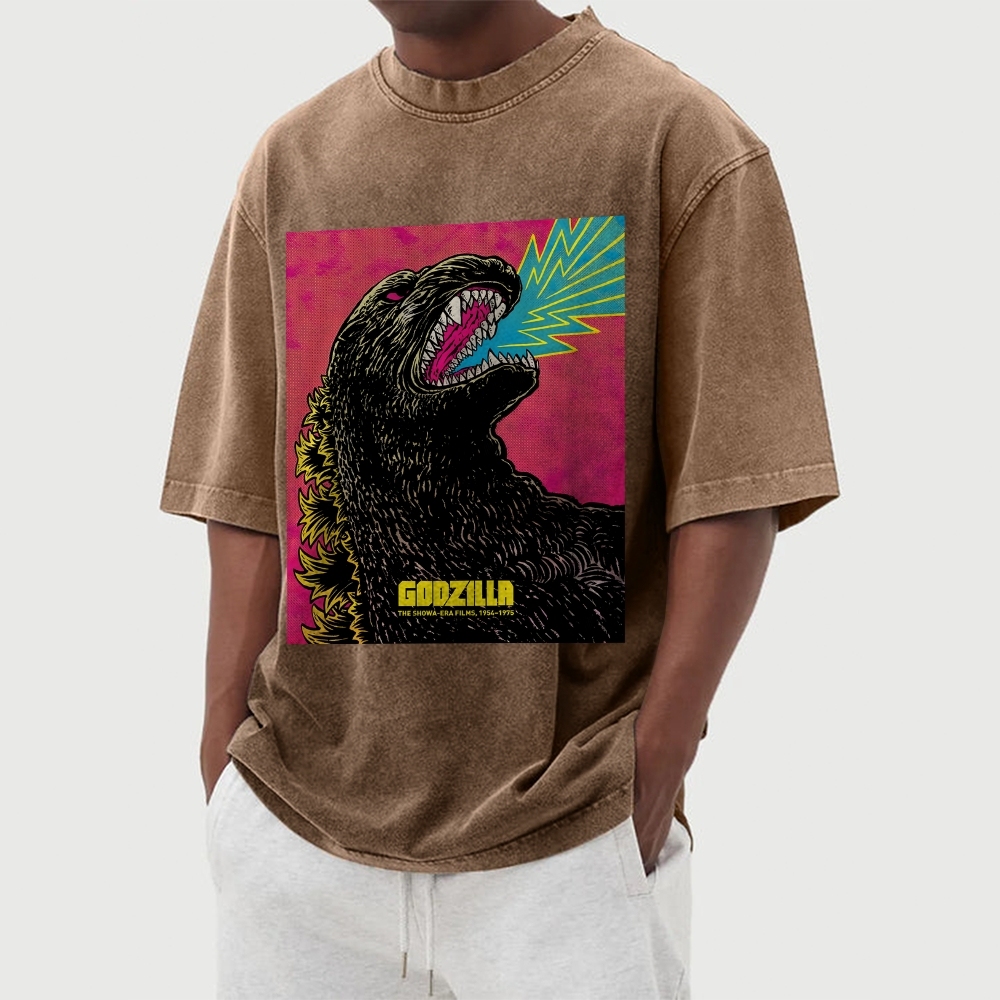 The Angry Godzilla Pattern Washed Vintage Short Sleeves T-Shirt